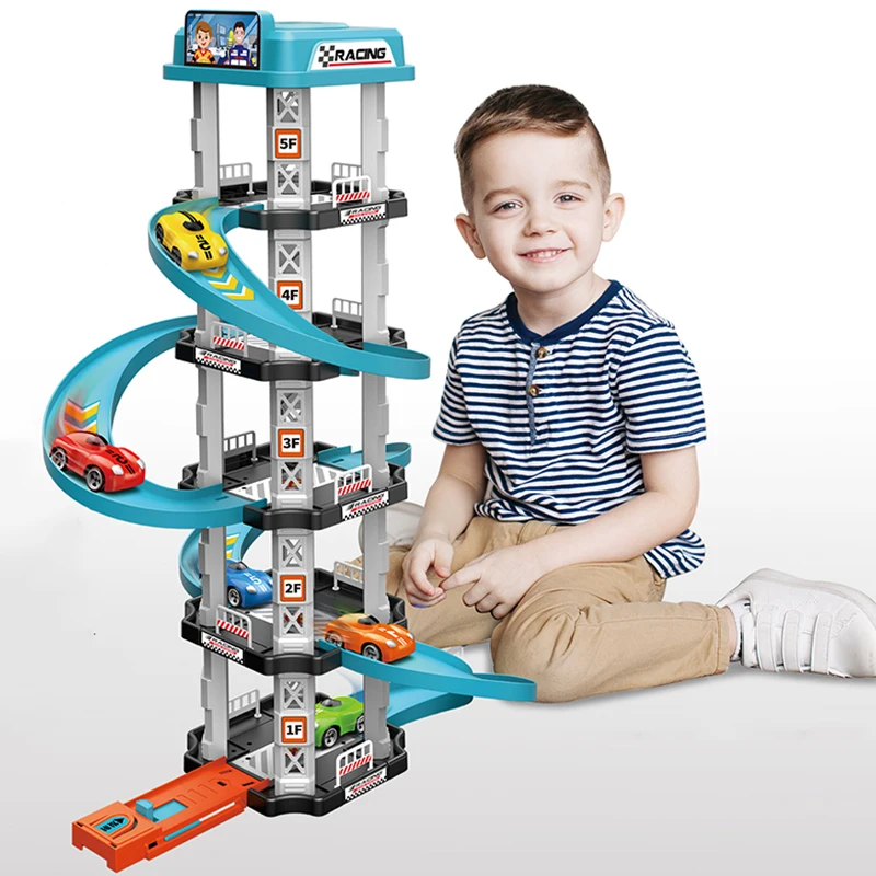 Coche ferroviario de carreras, juguetes para niños, catapulta de garaje, juego de pista deportiva, juguetes para niños, estacionamiento de construcción, estación de gasolina para bebés, carretera de bobinado DIY