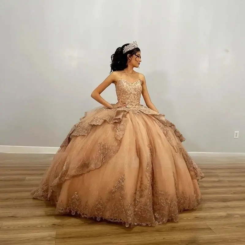 Champagne goud Quinceanera jurk prinses zoete 15-16 jaar verjaardagsfeestje jurk cadeau lange gezwollen rok optocht op maat