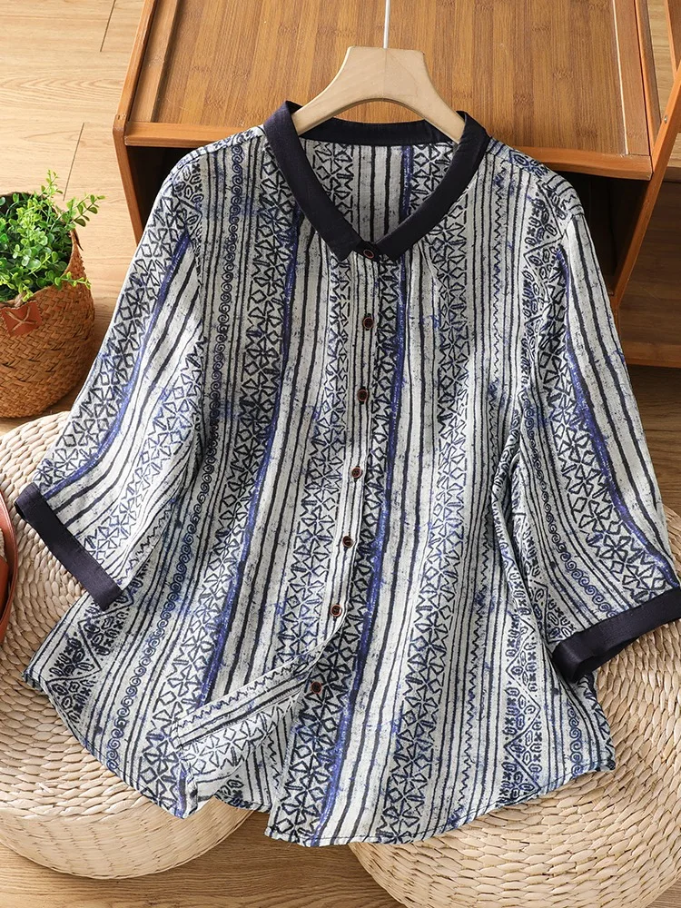 

Retro Dyed Stripe Flax Shirt Women Summer Lightweight Breathable Fashionable Color Block Cotton Linen Top Loose Fit Casual Style