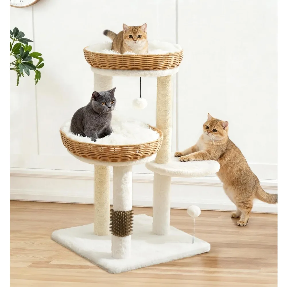 

32in PE Rattan Cat Tree Tower, 2 Large Handwoven Nest Baskets with Soft Cushions, Scratching Post, Stable Wicker Cat T