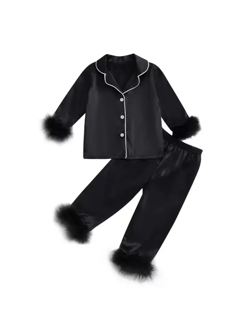 

Boutique Long-Sleeved Kids Pajama Set British buttons Trousers Girls Pajama Outfits Ready To Ship
