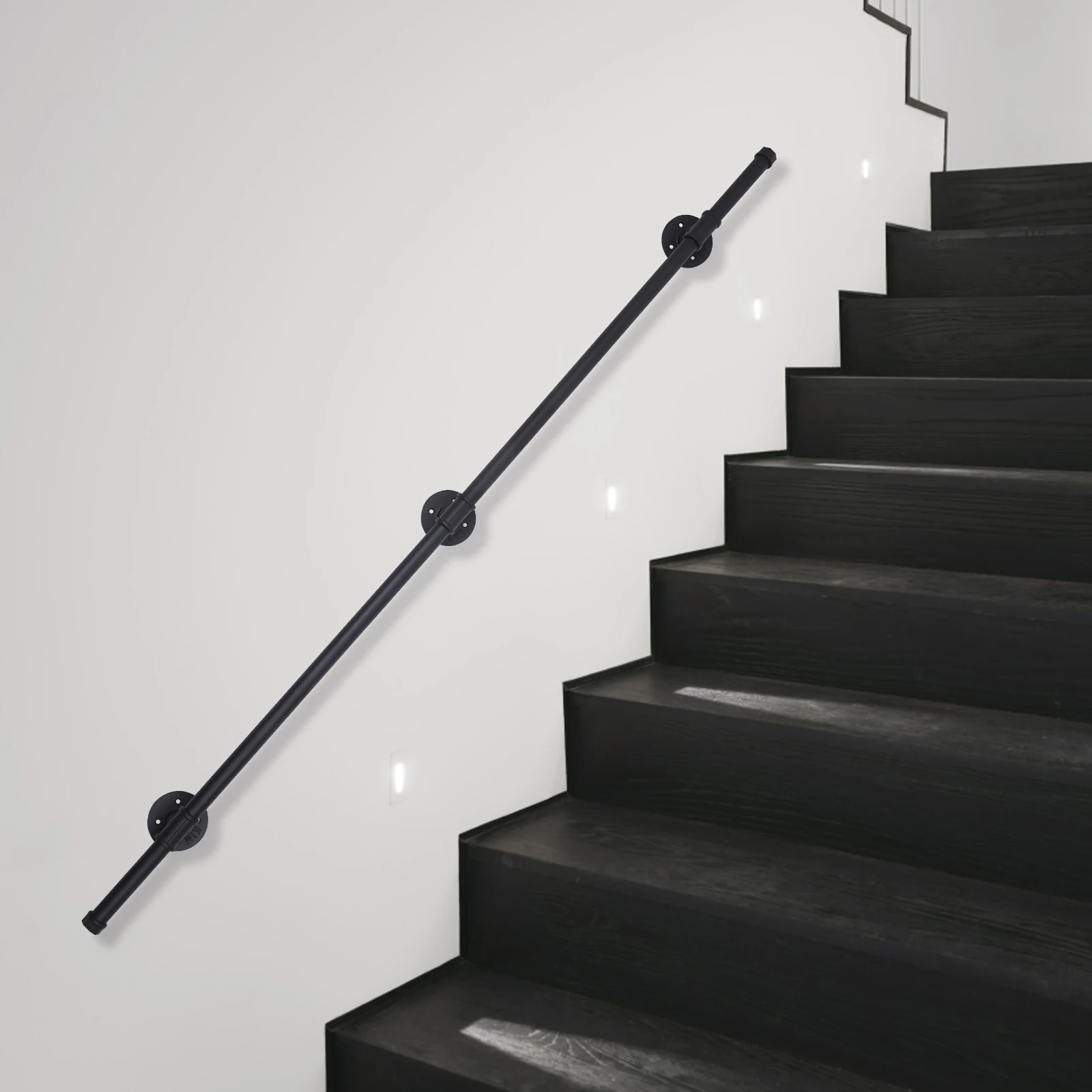 

5FT Wall Support Industrial Black Iron Loft Pipe Handrail for Stairs, Rustic Black, Straight Style Handrails for Indoor Stairs