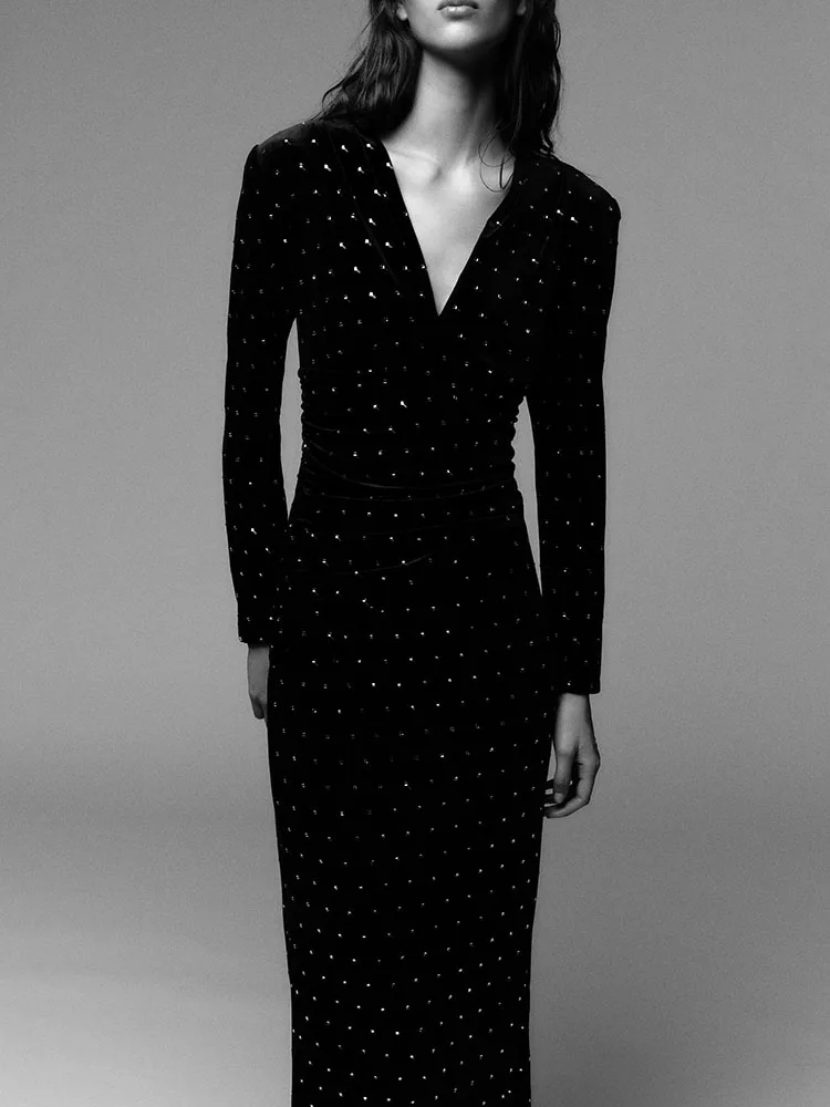 Faionable Sweet iny Bead Decorated Midi Dr New Arrival Winter 2025 Women's Long Sve mid Waist Evening Gown