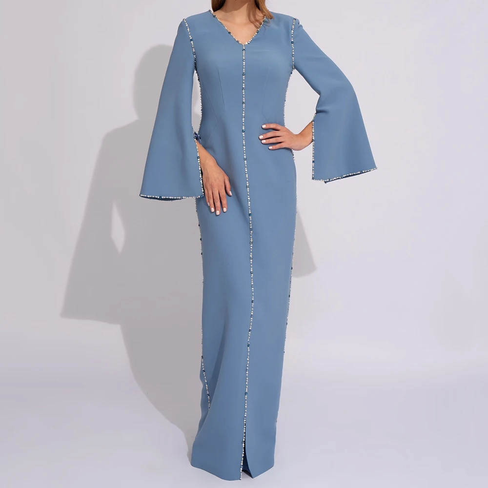 

Customized Straight Evening Dresses Floor-length V-neck Full Sleeve Prom Gown Simple Fashion Beading Crystal Backless Party Gown