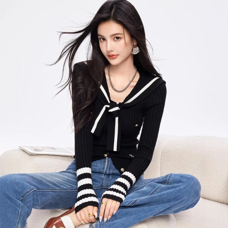 

Autumn Winter Woman French Vintage Old Money Cardigan Sailor Collar Sweaters Long Sleeve Design Preppy Knitwears Pullovers Trend