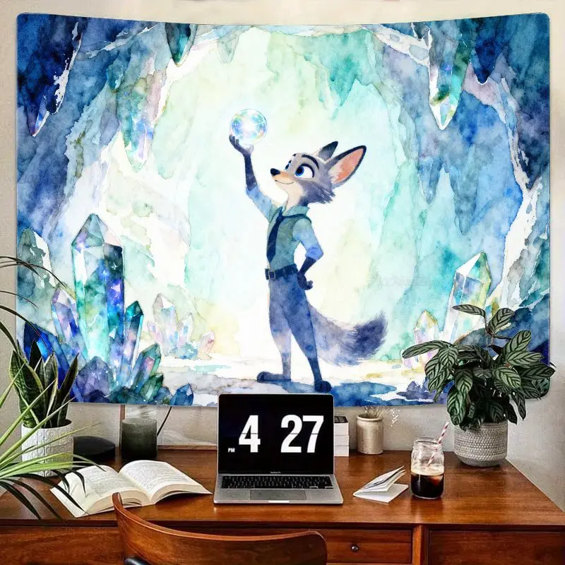 

1 шт. Zootopia Nick Wilde акварельный гобелен с кристаллами в виде пещеры, фэнтезийное настенное искусство, декор комнаты из полиэстера, декор для спальни, гостиной, общежития