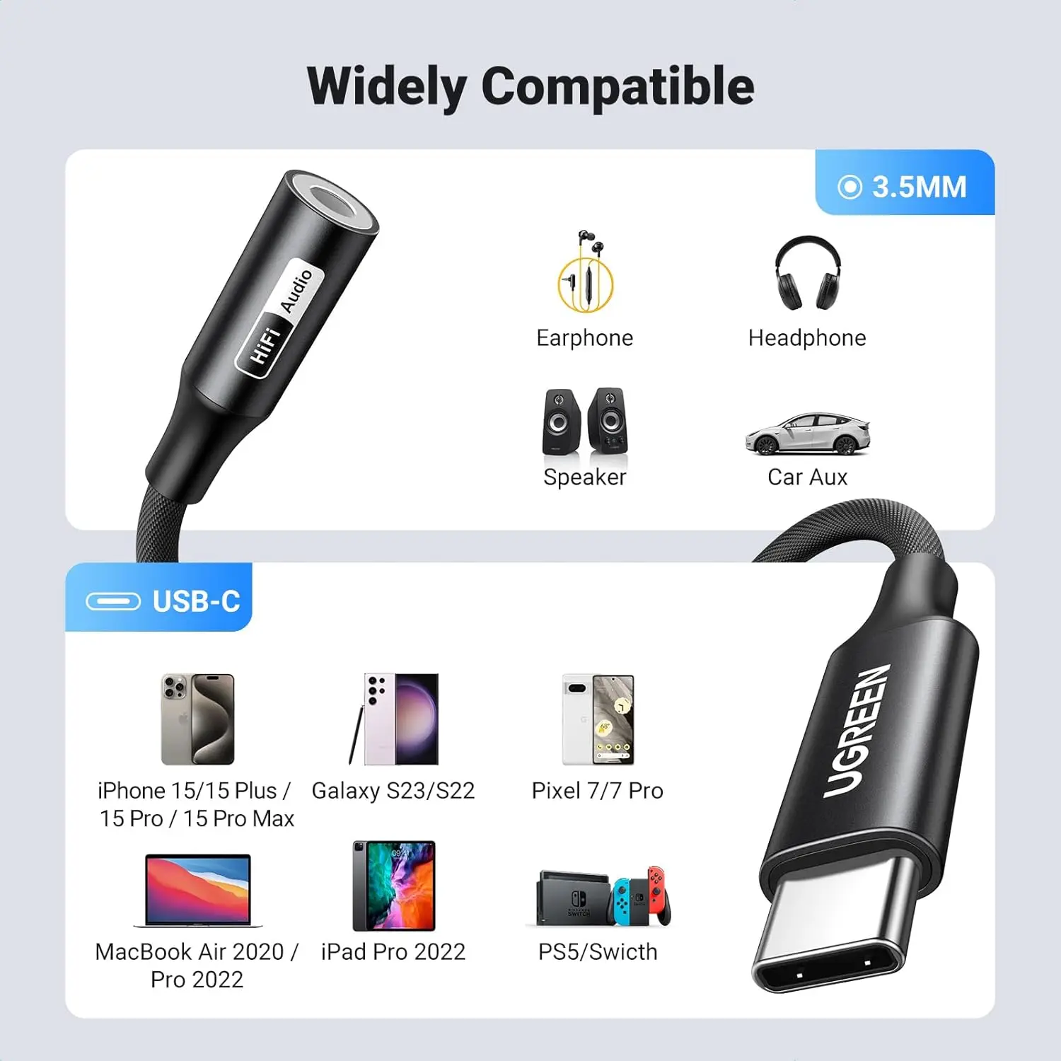 UGREEN USB C to 3.5mm Audio Adapter, Hi-Res 32bit/384KHz USB C to Aux Dongle HiFi Headphone Jack Cable Cord for iPhone