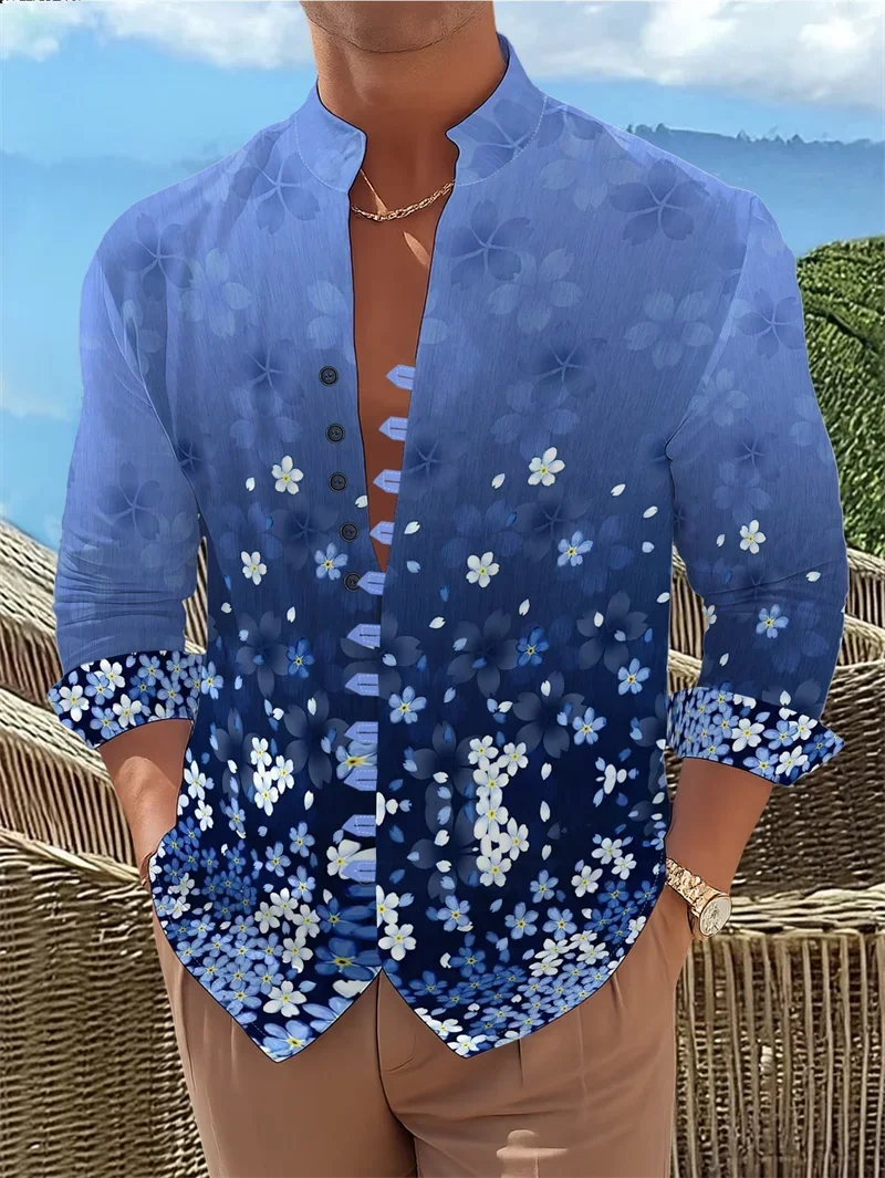 

Новая мужская рубашка с длинными рукавами цвета хаки с 3D-принтом в виде цветов и птиц, повседневная рубашка, верхняя одежда