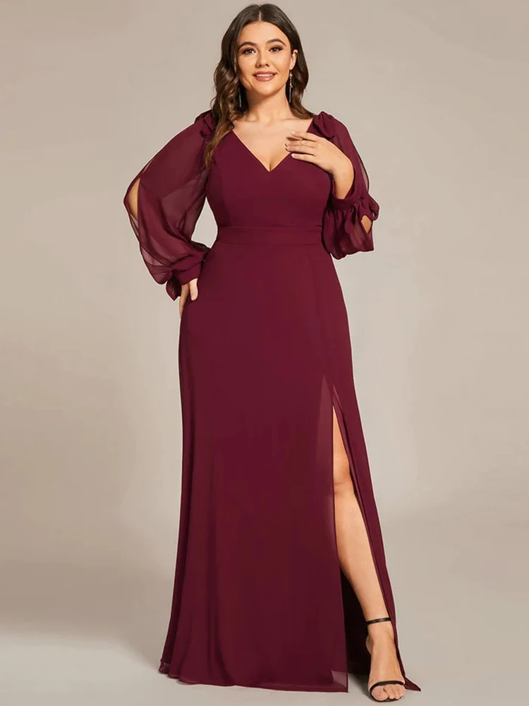 

Plus Size Evening Dresses Long A-LINE V-Neck Full Sleeves Floor-Length 2024 of Chiffon Luxury Bridesmaid Wome Dress