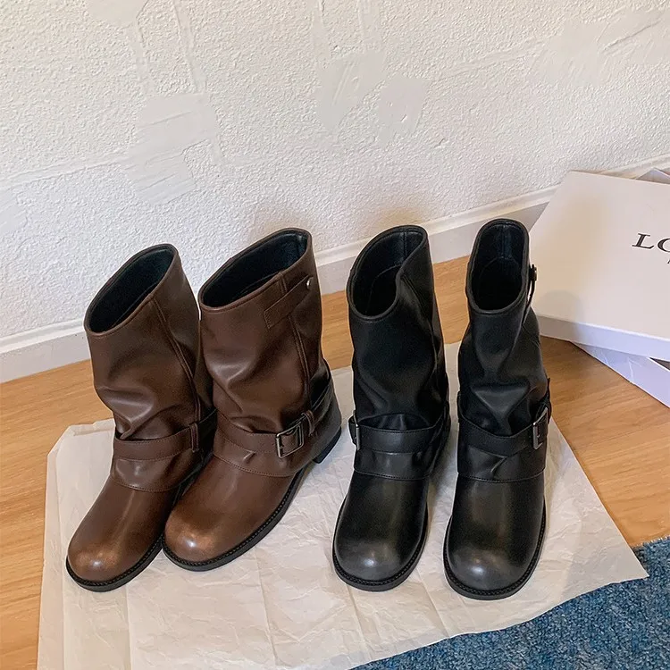 

Vintage Pleated Women Western Ankle Boots Belt Buckle Thick Heel Boots Women Elegant Party Dress Short Boots Fashion Comfortable