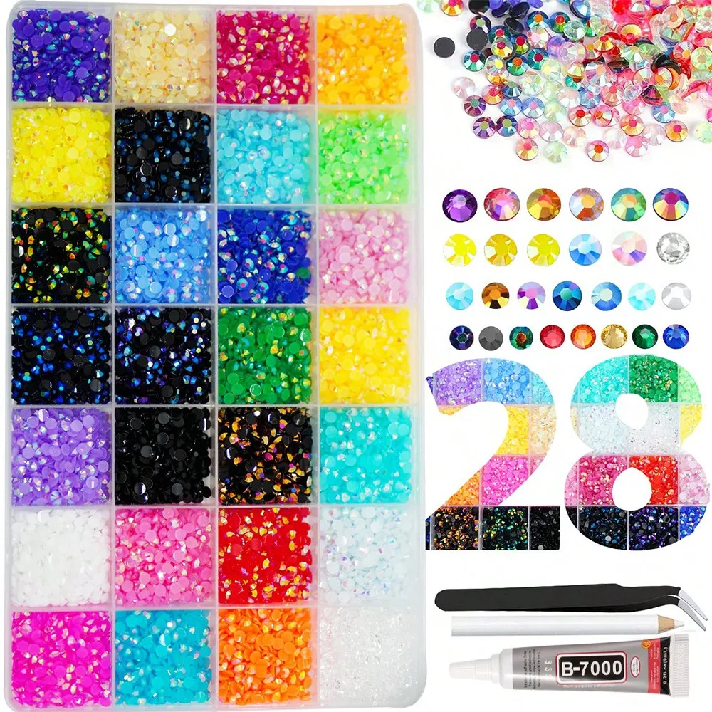 28 grilles de pierres non thermocollantes, strass plats colorés effet gelée AB, kit de bijoux et pierres pour la décoration d'art et d'artisanat DIY