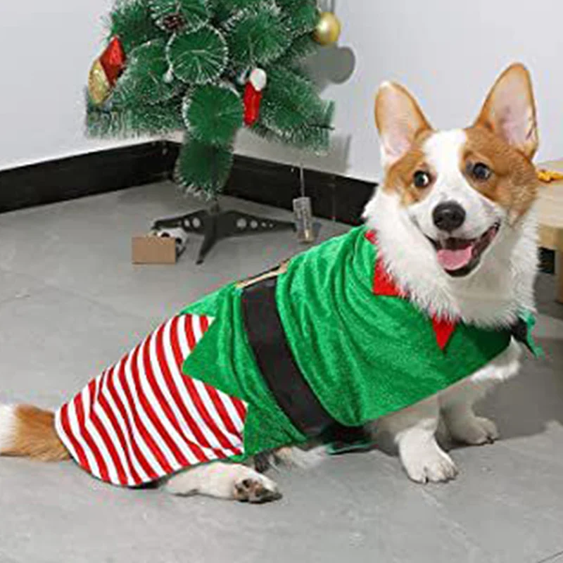 Pet Christmas Outfit Elf Costume Stripe Vest with Light Cosplay Clothes for Dog Cat Party Decoration Supplies