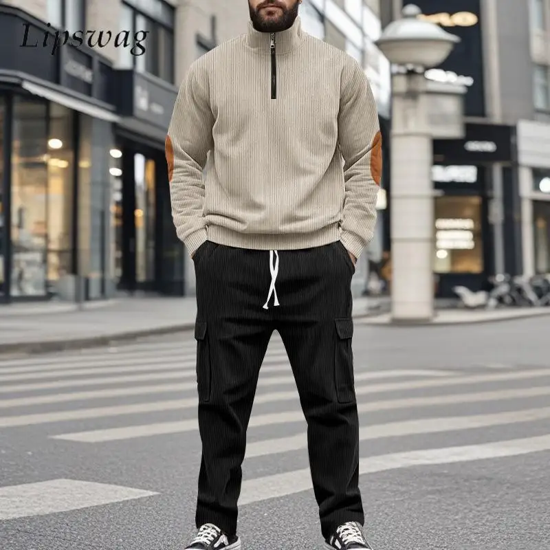 

Casual Mens Tracksuits 2024 Autumn Fashion Patchwork Corduroy Sweatshirts And Cargo Pants Outfits Mens Two Piece Sets Male Suits