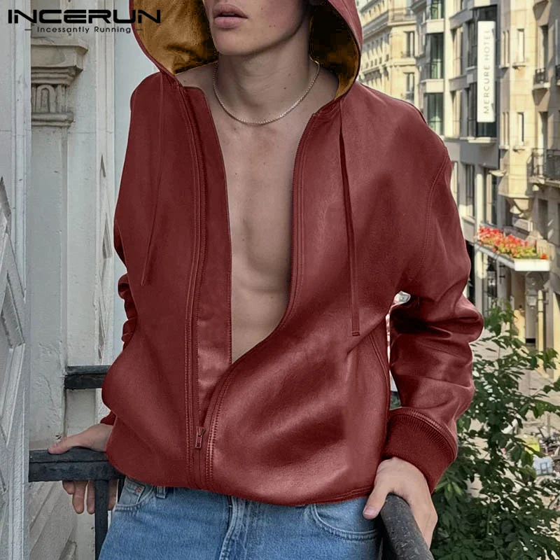 

INCERUN Tops 2024 American Style Autumn Winter New Men Simple Solid Leather Jackets Coats Streetwear Long Sleeved Jackets S-5XL