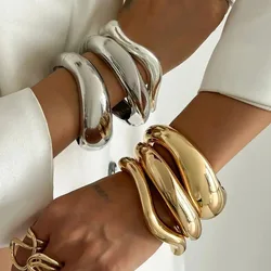 Ingemark Punk Heavy Metal Chunky Smooth Open Spring Bangles for Women Creative Wide Cuff Bracelet Grunge Jewelry Steampunk Men