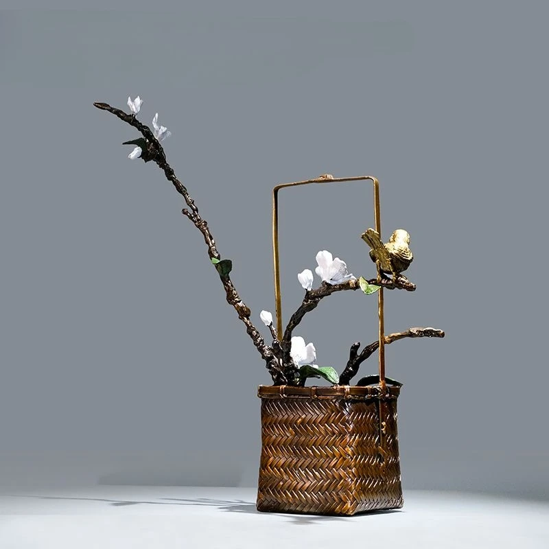 brass magpie, flower basket ornament, creative new Chinese style, handicraft metal bronze carving