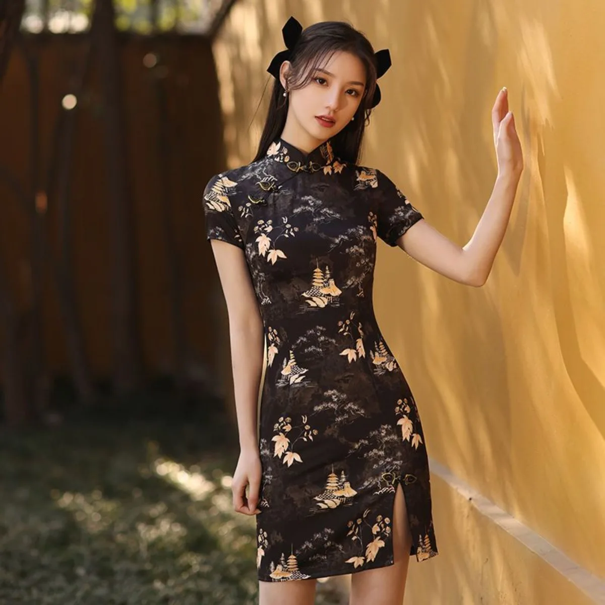 

Black Qipao 2025 New, Summer Petite Short Dress, Young Style Print Guochao Cheongsam Chinese Traditional Clothes Modern
