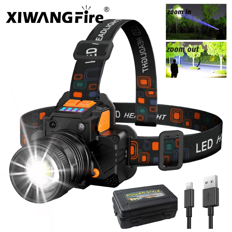 

Super Bright LED Headlamp Fishing Headlight Portable Flashlight ZOOM Sensor Rechargeable Outdoor Waterproof Camping Hunting 20W