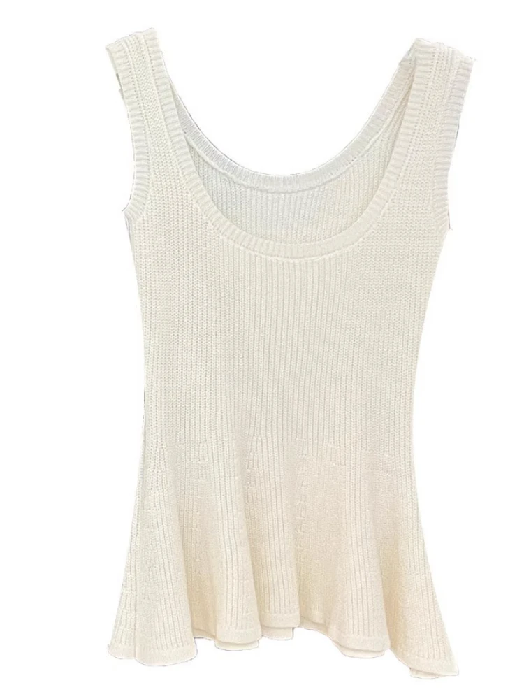 Однотонный вязаный жилет, женский облегающий короткий свитер без рукавов с круглым вырезом, лето 202, темпераментный пуловер с рюшами на талии Y2k