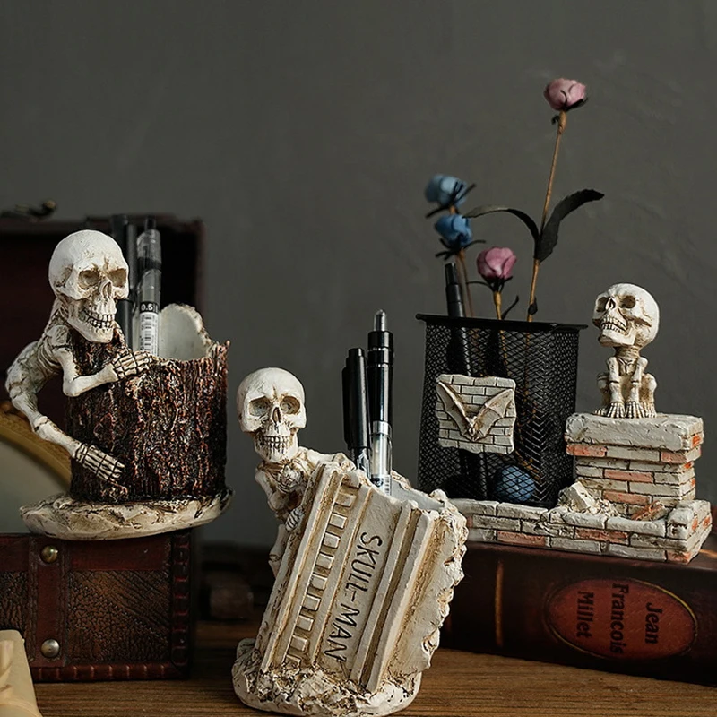 ハロウィンスカルペン鉛筆ホルダースケルトンキーホルダー化粧ブラシホルダーホームオフィスデスク用品オーガナイザーアクセサリーギフト