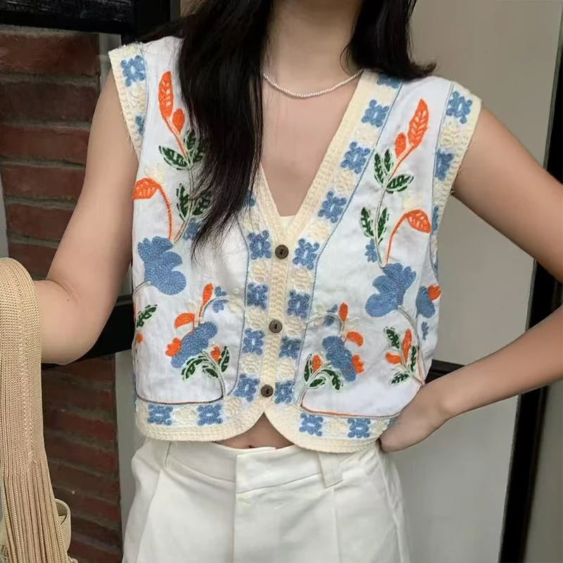 

Вязаный крючком жилет с цветочной вышивкой для женщин, текстурированный ажурный жилет без рукавов на пуговицах, летняя куртка в стиле бохо, пляжный праздничный наряд