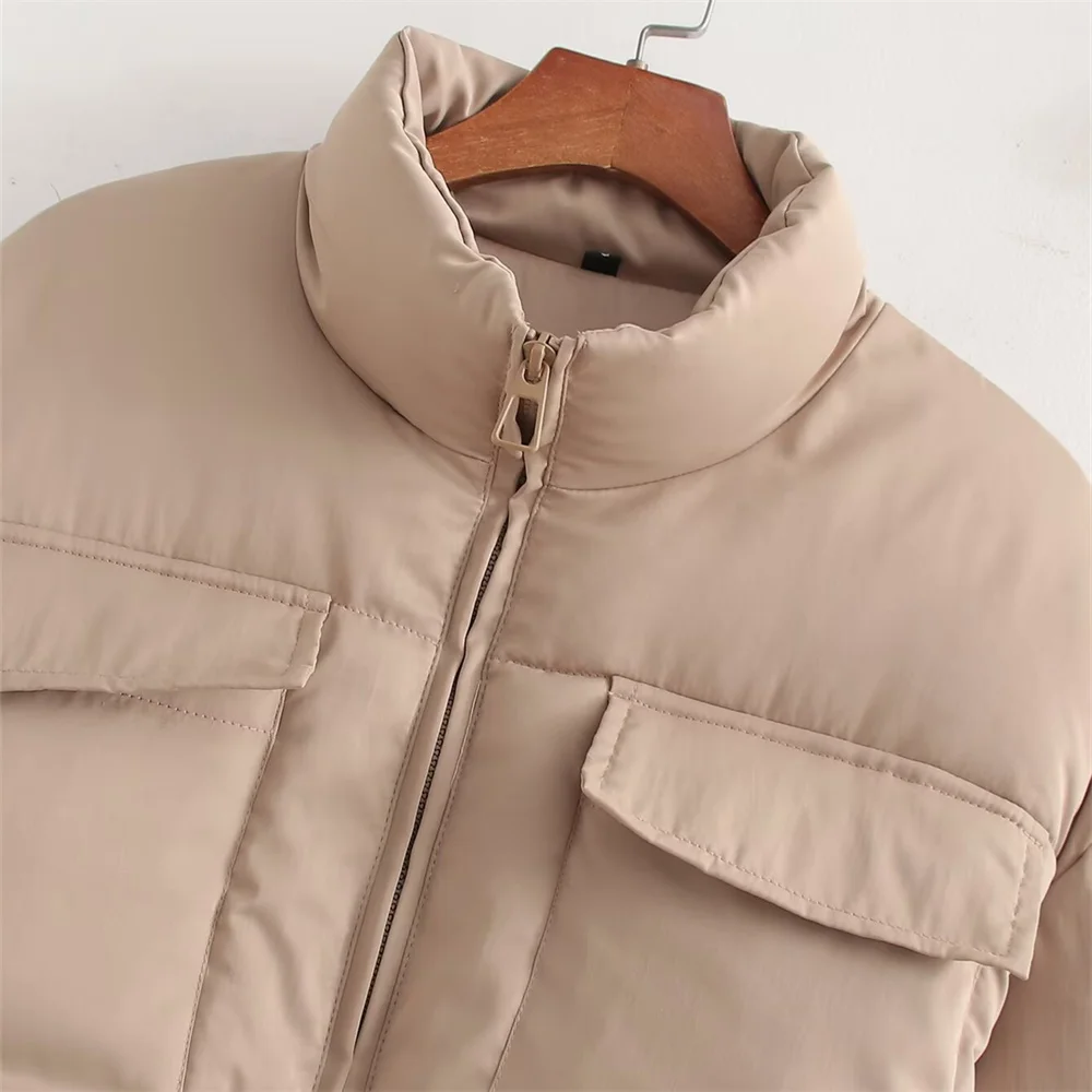 Taop&Za Autumn New Women\'s Fashion Casual Versatile Stand Collar Double Pocket Zipper Decoration Short Cotton Jacket