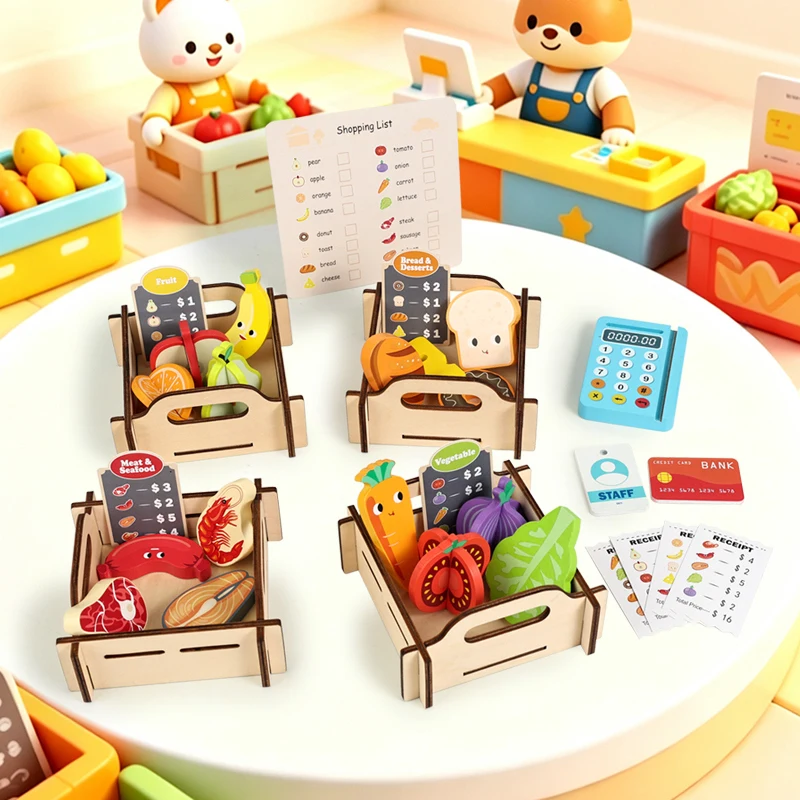 Wooden Supermarket Pretend Play Set  Kids Simulation Fruit Vegetable Cash Register Toy Montessori Educational Role Play Gift