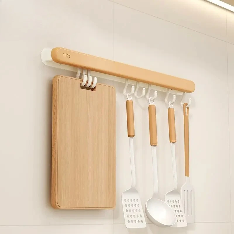 

‌Premium Cream Wood Wall-Mounted Kitchen Organizer, Adjustable Spoon Spatula Holder, No Drill Storage Hooks Rack‌