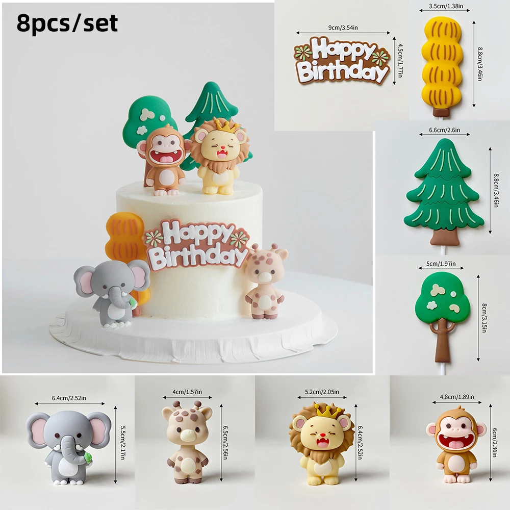 Kuchenaufsatz mit Waldtiermotiv, Affe, Löwe, Giraffe, Elefant mit Regenbogenbaum, Tischdekoration für Babyparty, Geburtstagsfeier – Detail 4