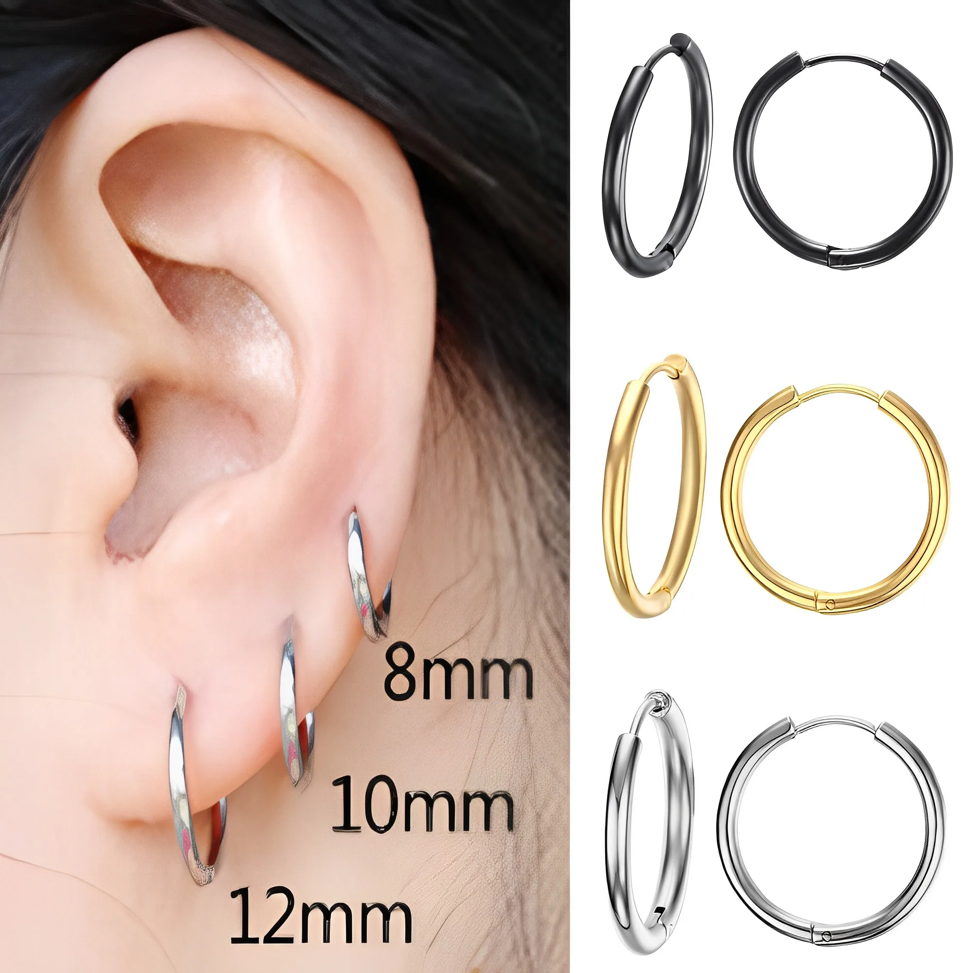 Basic Stainless Steel Hoop Earrings For Women Man Mini Small Round Circle Loop Earring aretes 8mm/10mm/12mm Unisex Ear Jewelry