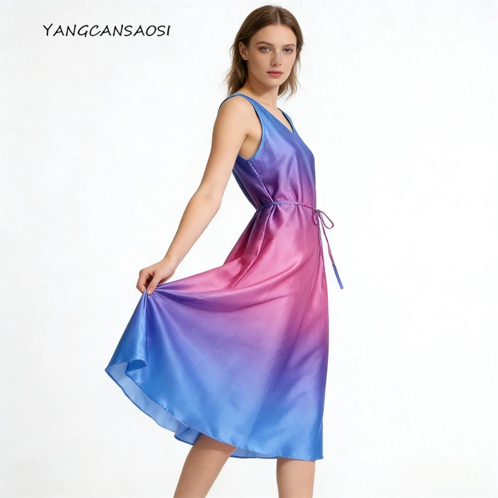 Abbigliamento da donna Sfumatura di colore 100% seta di gelso naturale Tinta unita Raso Minimalista Doppio scollo a V Senza maniche Abito gilet versatile