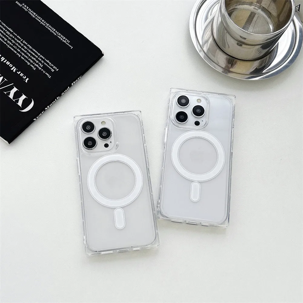 Luxury 2 in 1 Square Magnetic Wireless Charging Case for iPhone 16 Pro Max 12 13 Pro 14 15 16 Plus Transparent Clear Rugged Case