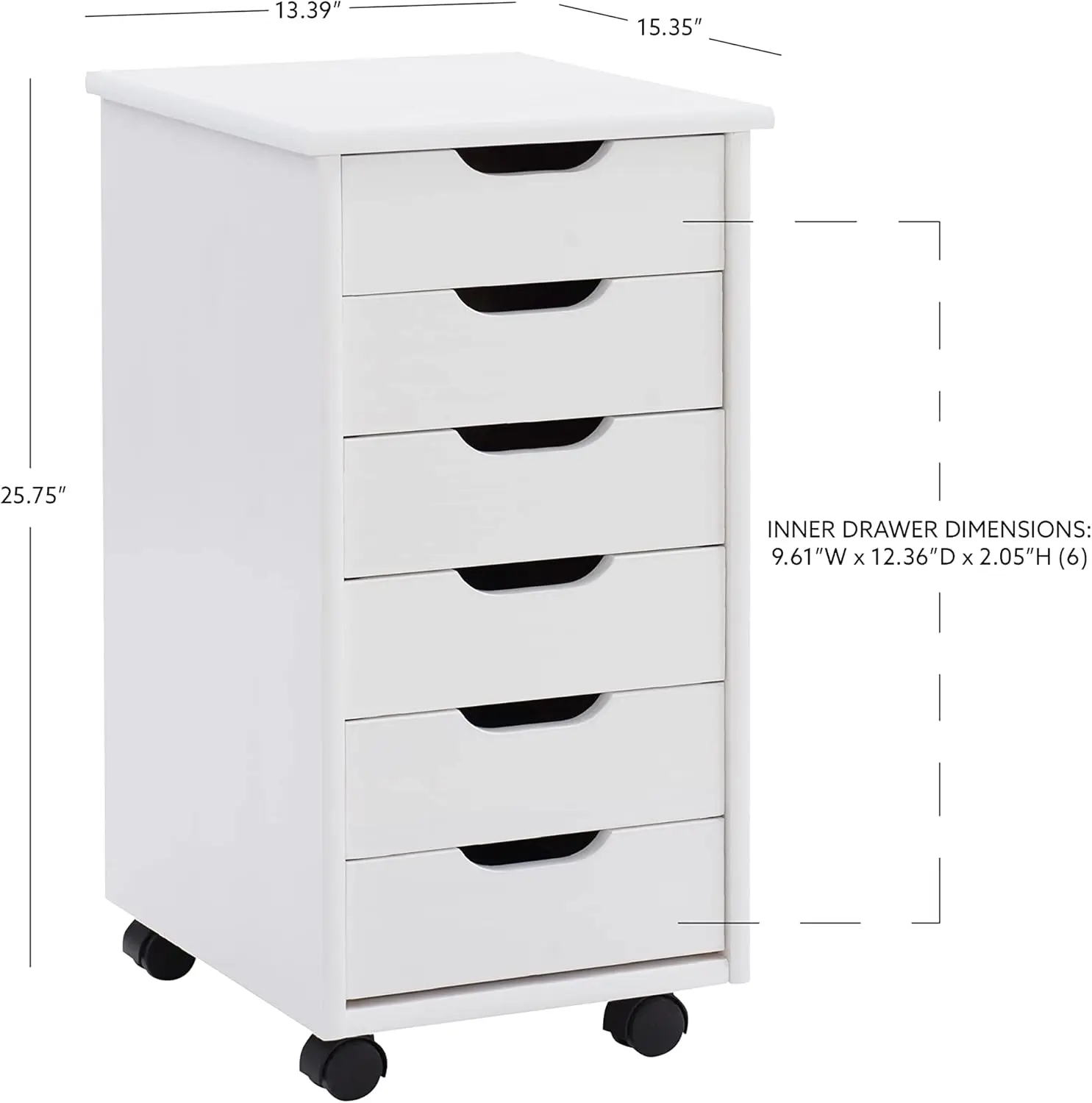 Corinne Six Drawer Storage, White Wash Rolling Cart