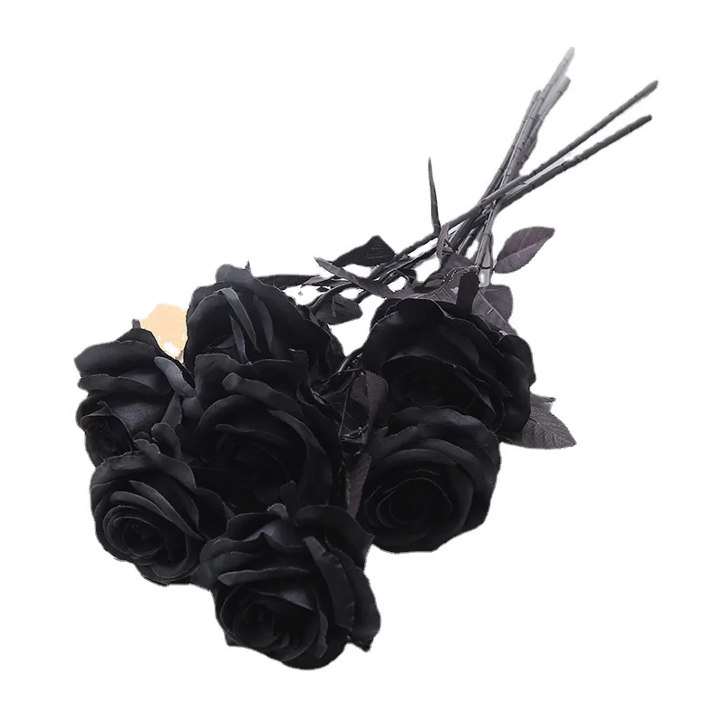 New Pure Black Single Rose Halloween Ghost Festival Horror Gothic Style Dark Bouquet Series Decoration Home Garden Room Decor