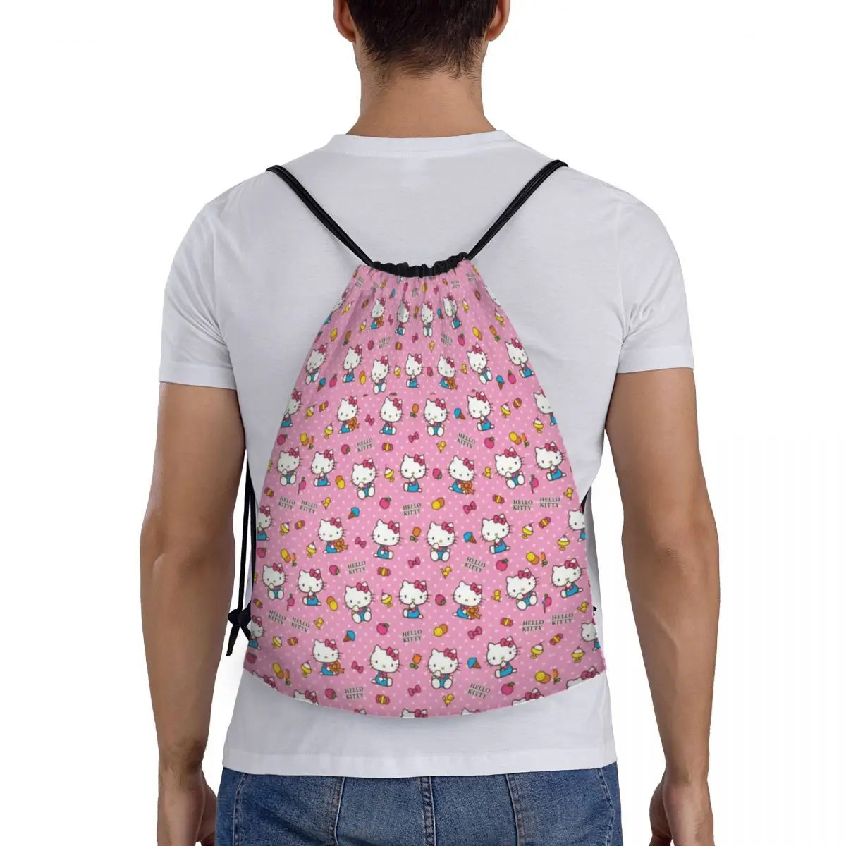Custom Hello Kitty Pattern Drawstring Backpack Sports Gym Bag for Men Women Sanrio Cartoon Training Sackpack