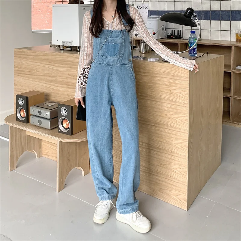 데님 오버올 여성 신상 레트로 디자인 하트 와이드 레그 팬츠 패션 하이웨이스트 루즈핏 진 점프수트