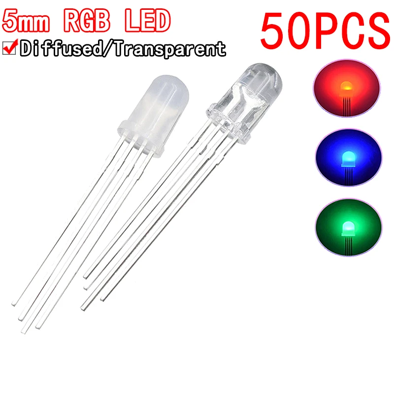 50PCS 5mm 풀 컬러 LED RGB 레드/그린/블루 일반 음극/양극 4 피트 투명 하이라이트 컬러 라이트 5mm 다이오드 다채로운