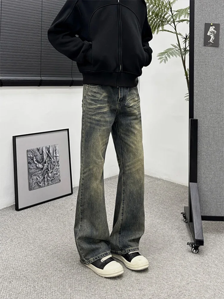 

Retro American Vibe Men's High Waist Slim Straight Leg Jeans CleanFit Casual Long Pants Vintage Washed Distressed Blue Denim