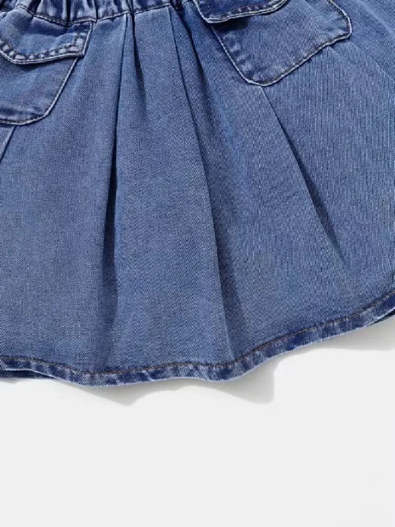 Girls\'denim two-piece summer sleeveless top+pleated denim skirt sleeve collar fur edge pocket waist elastic denim blue