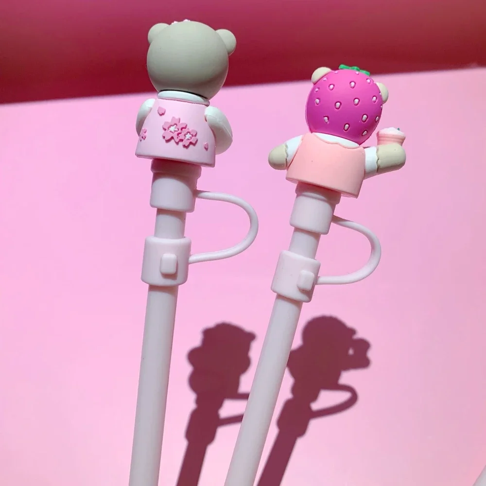 1PC Pink Bear Straw Stoppers for 6-8mm Straws Silicone Straw Cover Caps Dust-Proof Kawaii Cartoon Bottle Stopper