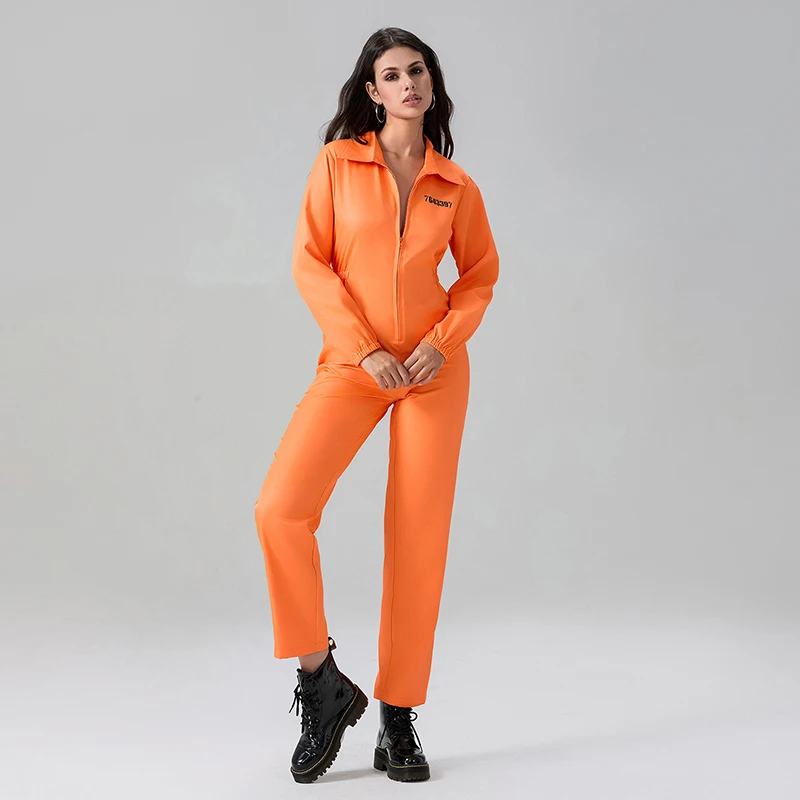 Women s Halloween Convict Costume Striped Prisoner Jumpsuit with Number Print Long Sleeve Lapel Front Zipper Overalls Jail