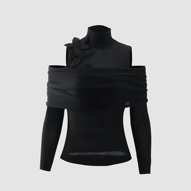 

Women's Floral Off-Shoulder One-Piece Sweater, Stand Collar Pullover, 2026 Spring New Arrival, Y2K Style, Wool Knit Top