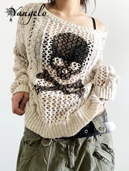 Yangelo Skull Sweater Y2K Aesthetic Gothic Hollow Out Long Sleeve Tops Punk Style Crochet Pullover Knitwear Women Streetwear