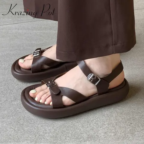 자세히 둘러보기 천연 가죽 핍 토 두꺼운 바닥 젊은 여성 데일리 웨어, 프레피 스타일, 레저 패션, 솔리드 여성 샌들, 신상 크레이징 포트, L19