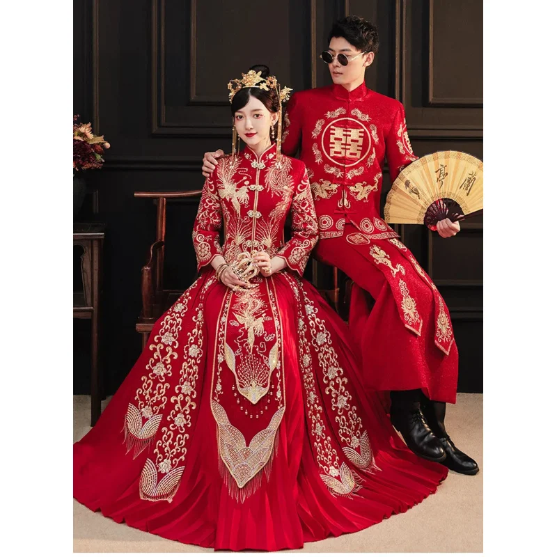 

Embroidery Dragon Phoenix Chinese Traditional Couple Wedding Suit Cheongsam Elegant Bride Vintage Qipao Dress