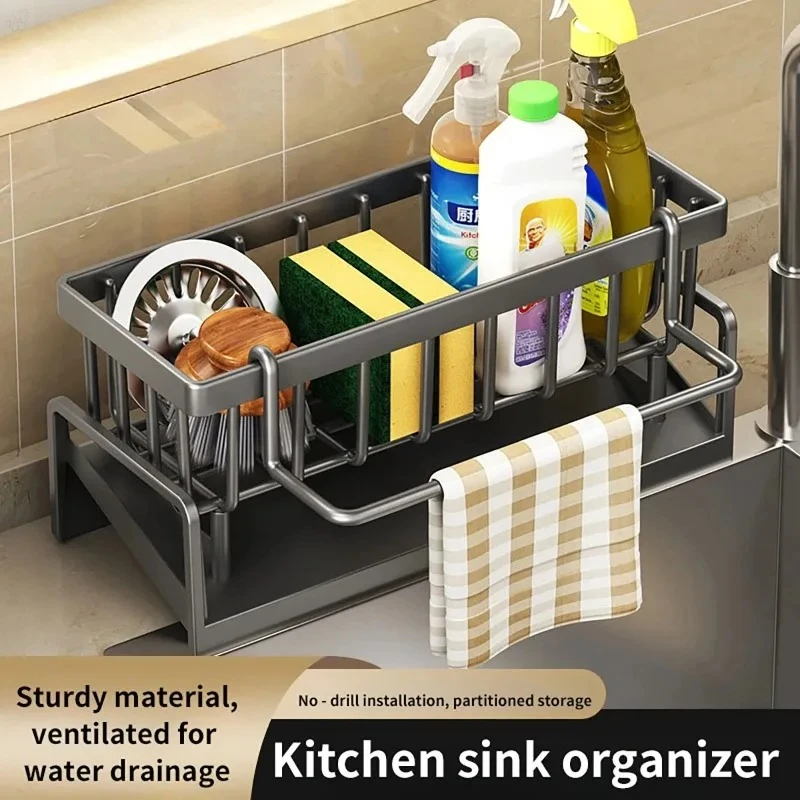 Kitchen Sink Drain Rack Organizer ABS Plastic Self-draining Sink Shelf Soap Sponge Holder Dishcloth Towel Rack Filter Basket