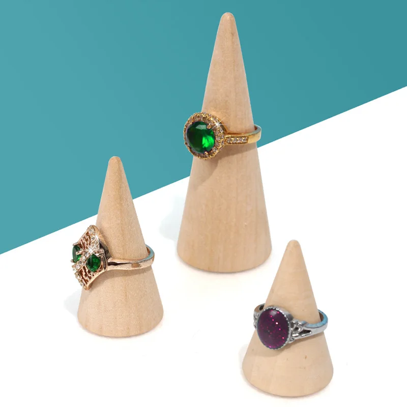 

6pcs Creative Ring Display Stand Conical Ring Holder Solid Wood Base Jewelry Display Prop For Counter