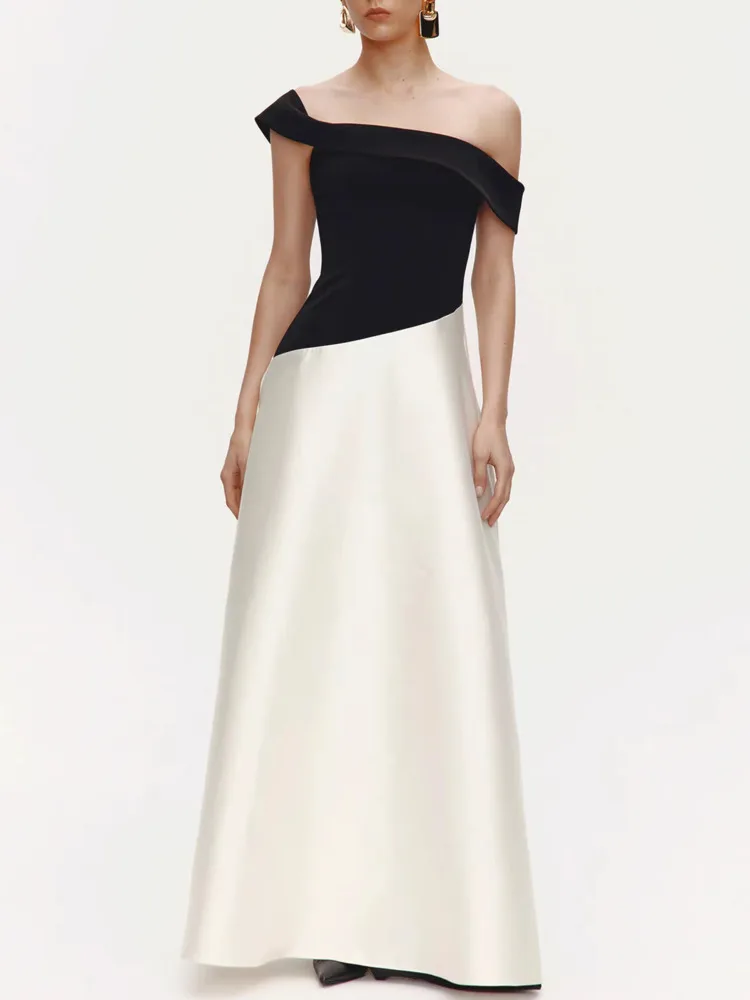 QMQA Mode Dames High-end Kleurblokkerende Satijnen Avondjurk Elegante Slanke Avondfeestjurk 2026 Vrouwelijke Nieuwe Kleding M1045