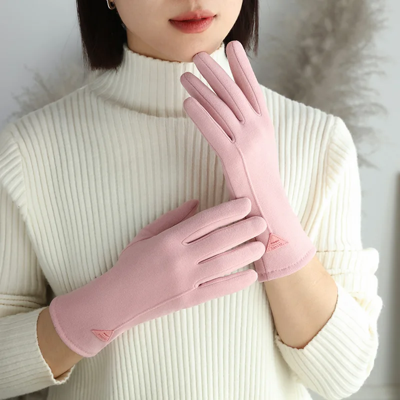 Women Touch Screen Gloves Autumn and Winter Warm Gloves Thin Cashmere Solid Color Cycling Suede Fabric Elegant Windproof