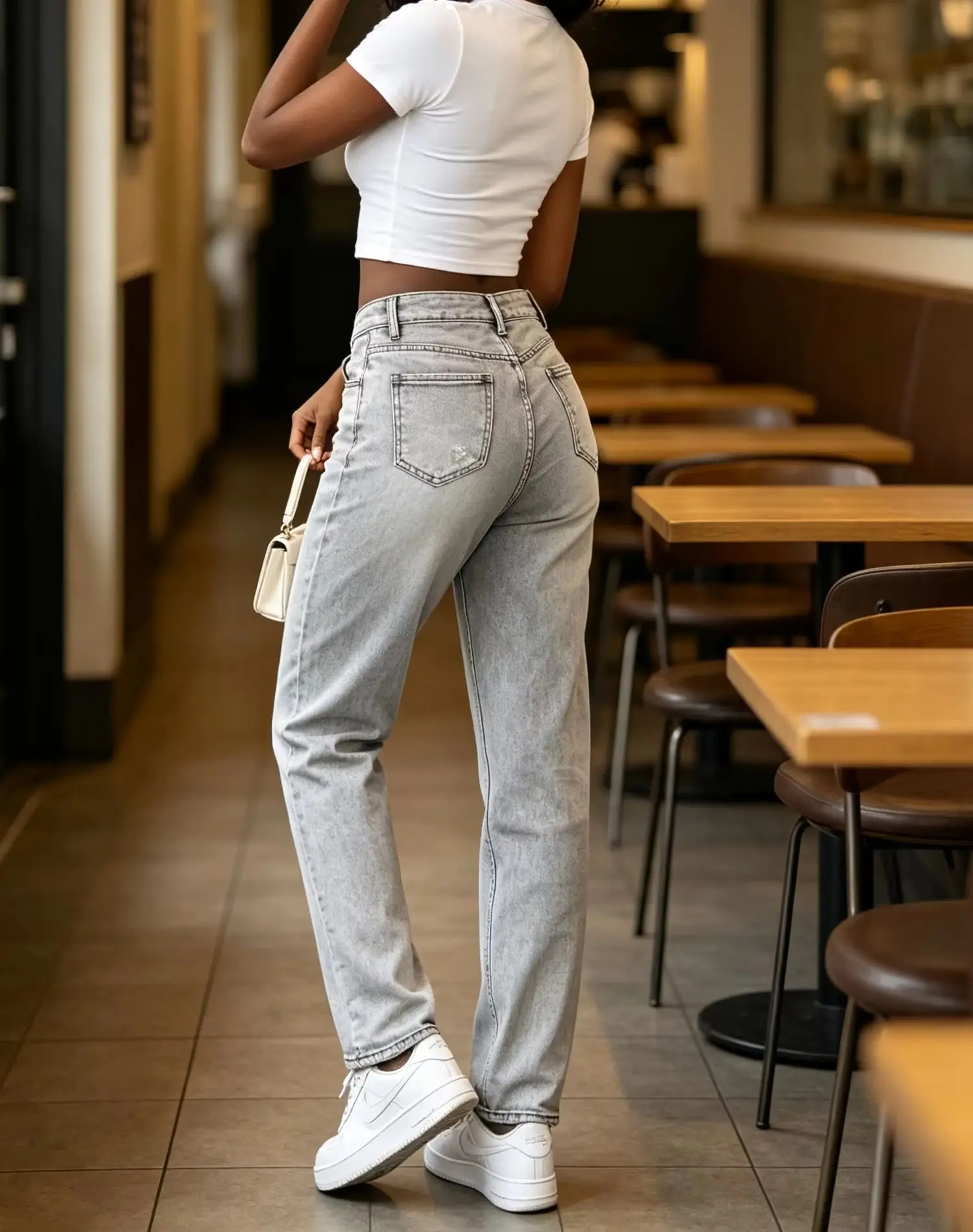Spring and Autumn Season Gray Washed White Ripped Denim Wide-Leg Pants for Women American Retro High-Waisted Straight Loose Fit Flattering and Versatile
